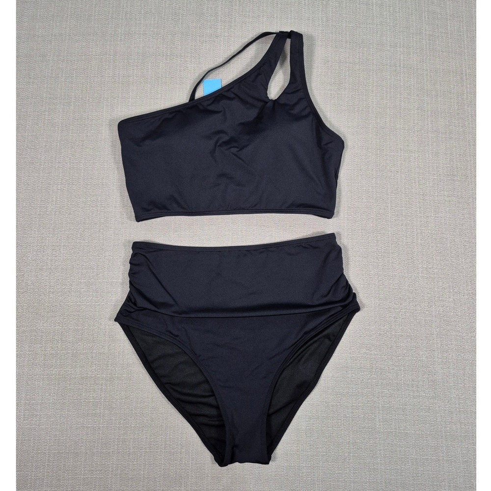 Yonique Womens Black One Shoulder Cutout High Waisted Bikini Swimsuit Set Small